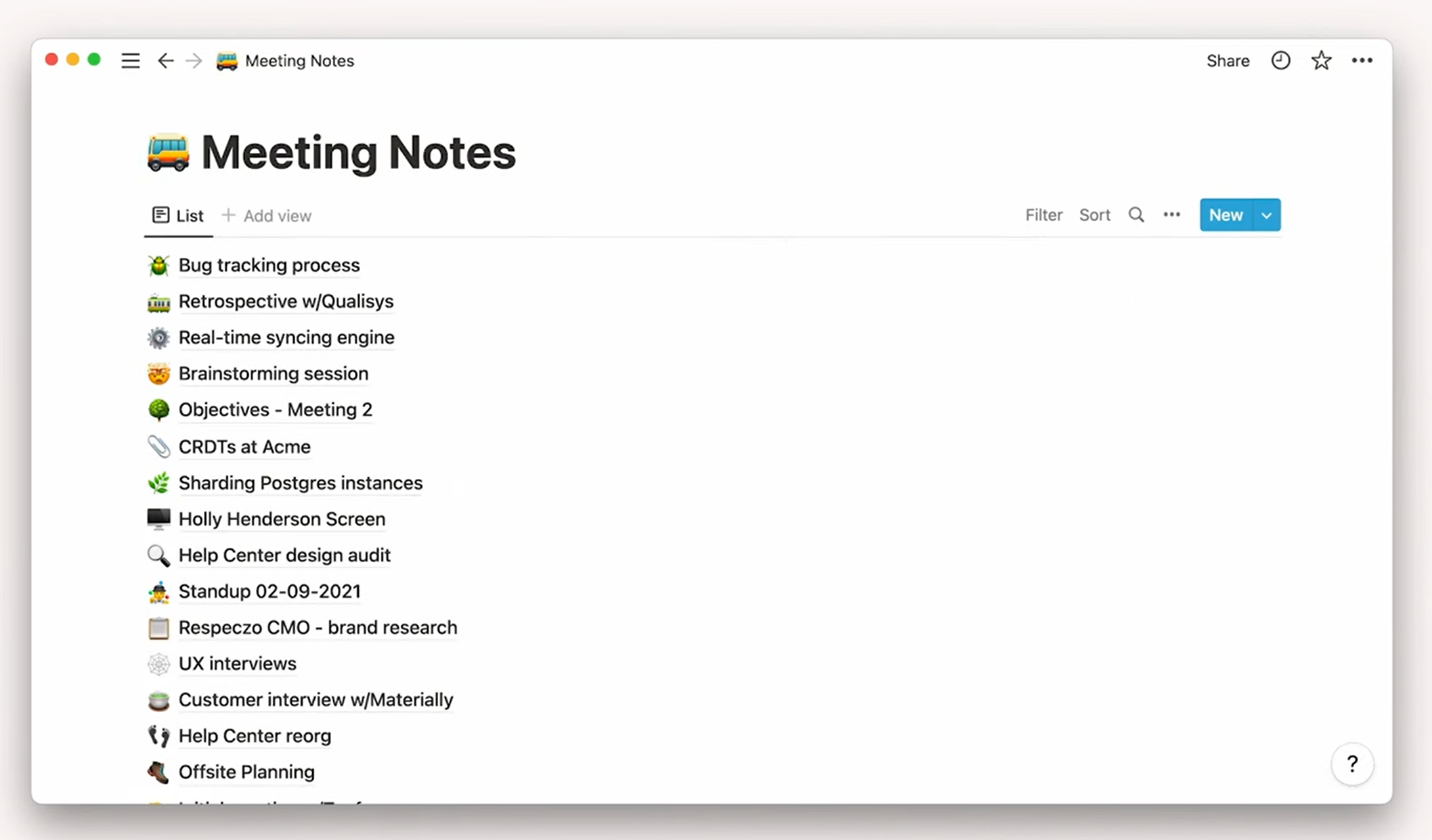 Screenshot of a list of pages in Notion